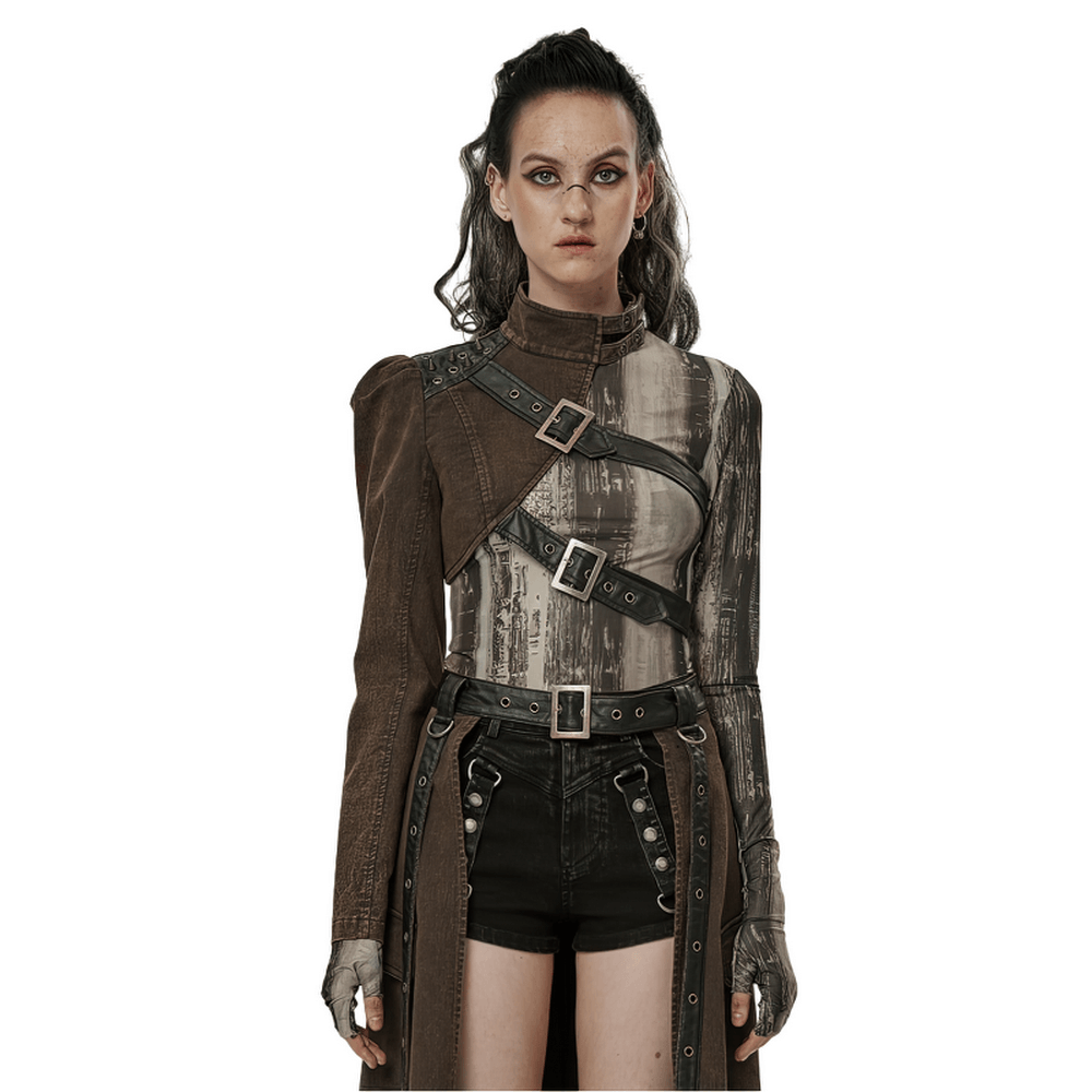 Edgy one-arm punk faux leather jacket with decorative loops and rivets, perfect for a stylish, rebellious look.