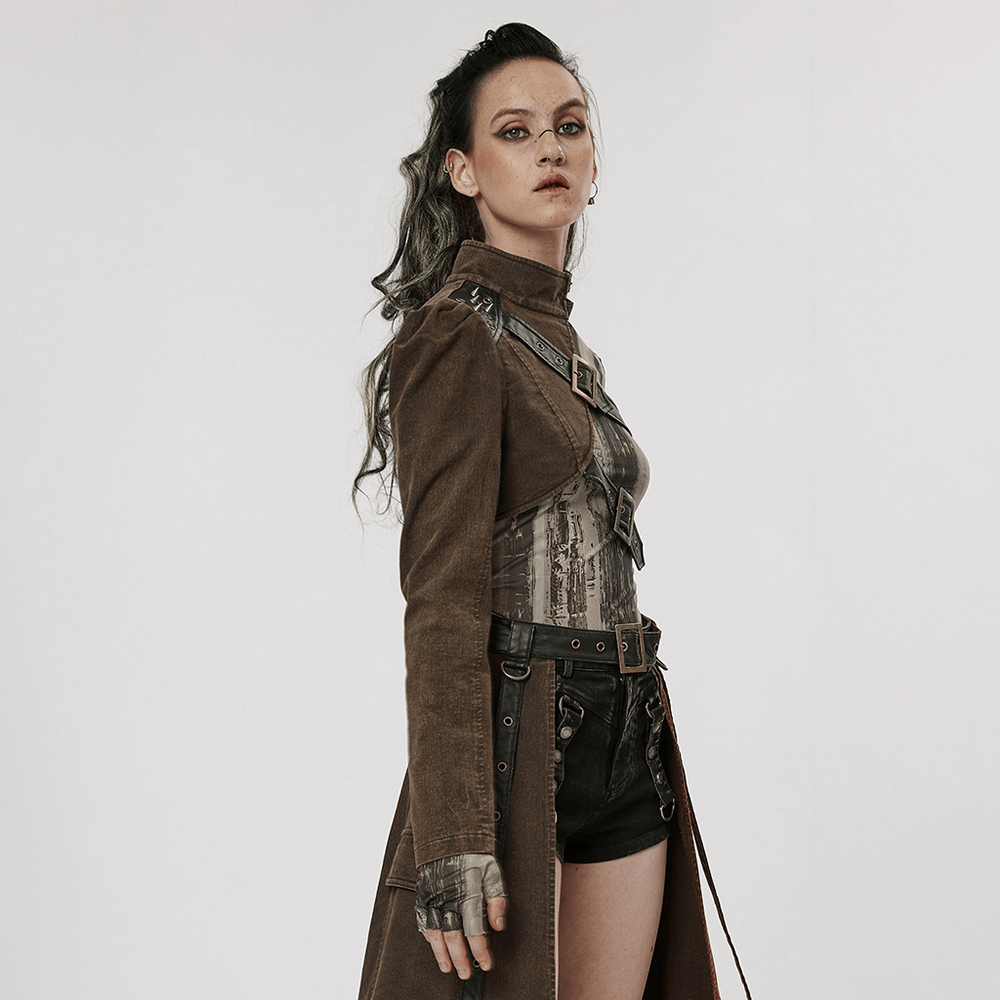Stylish punk model in a one-arm faux leather jacket and shorts, showcasing edginess and unique design.
