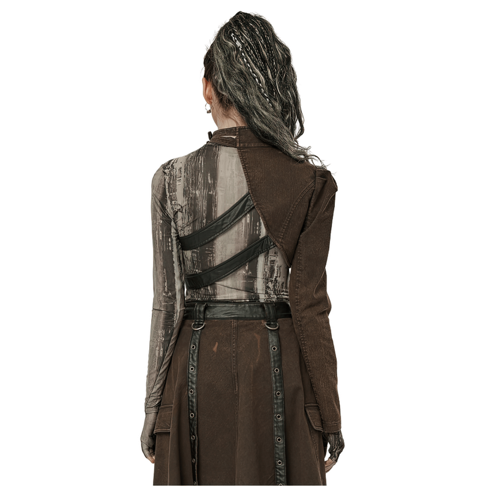 Back view of a stylish punk asymmetrical faux leather jacket with unique straps for an edgy look.