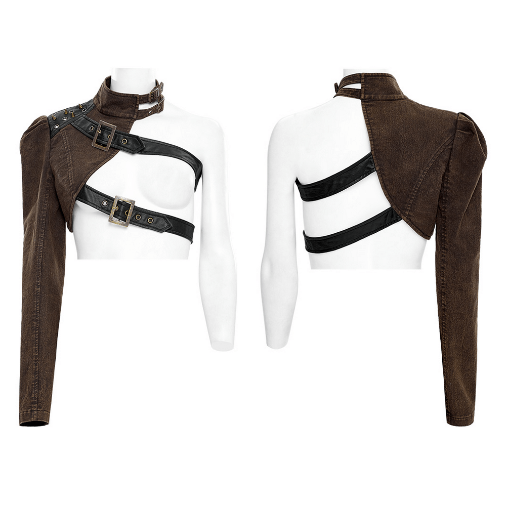 Stylish punk asymmetrical faux leather jacket with one arm design and decorative buckles.