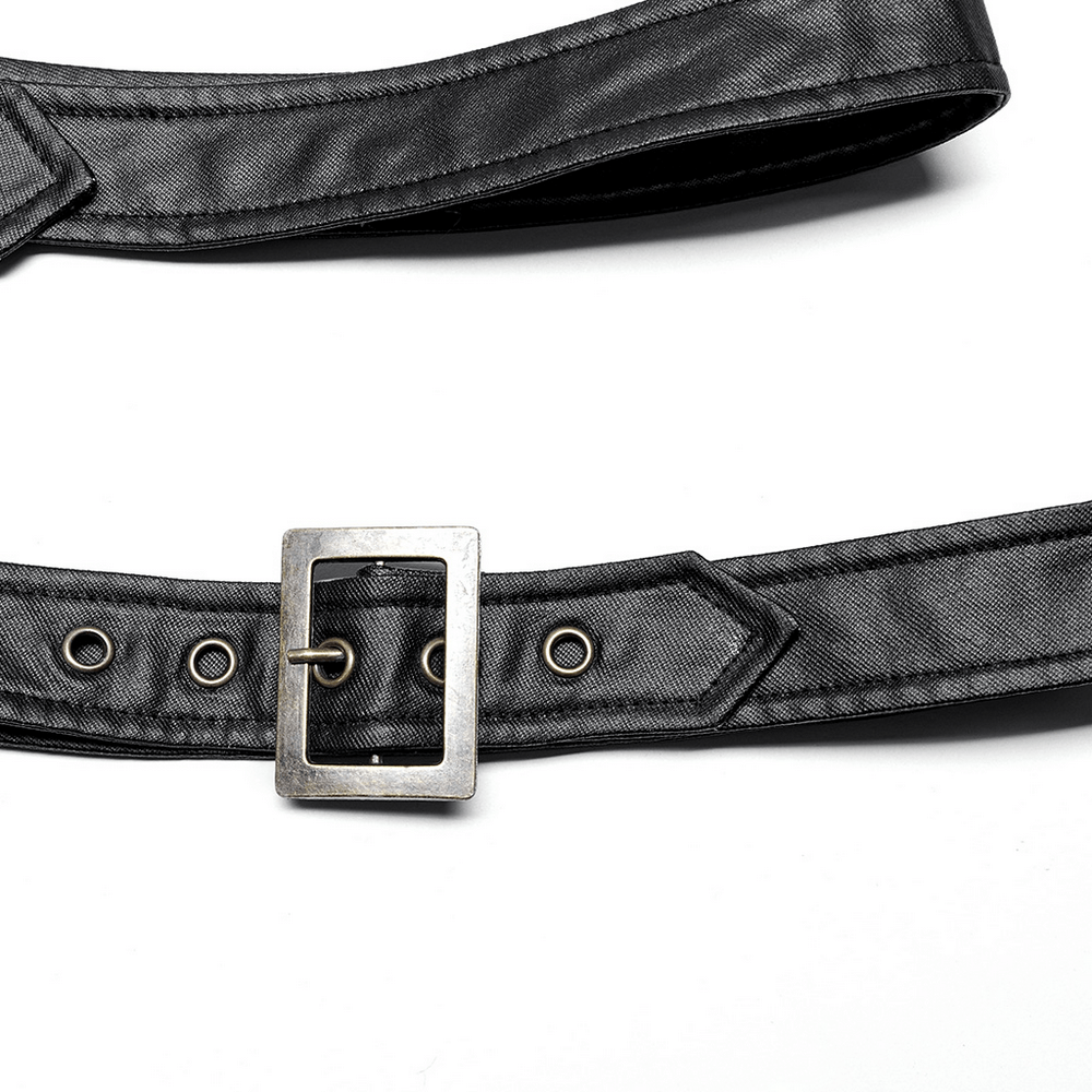 Stylish punk black faux leather belt with square metal buckle and eyelet details.