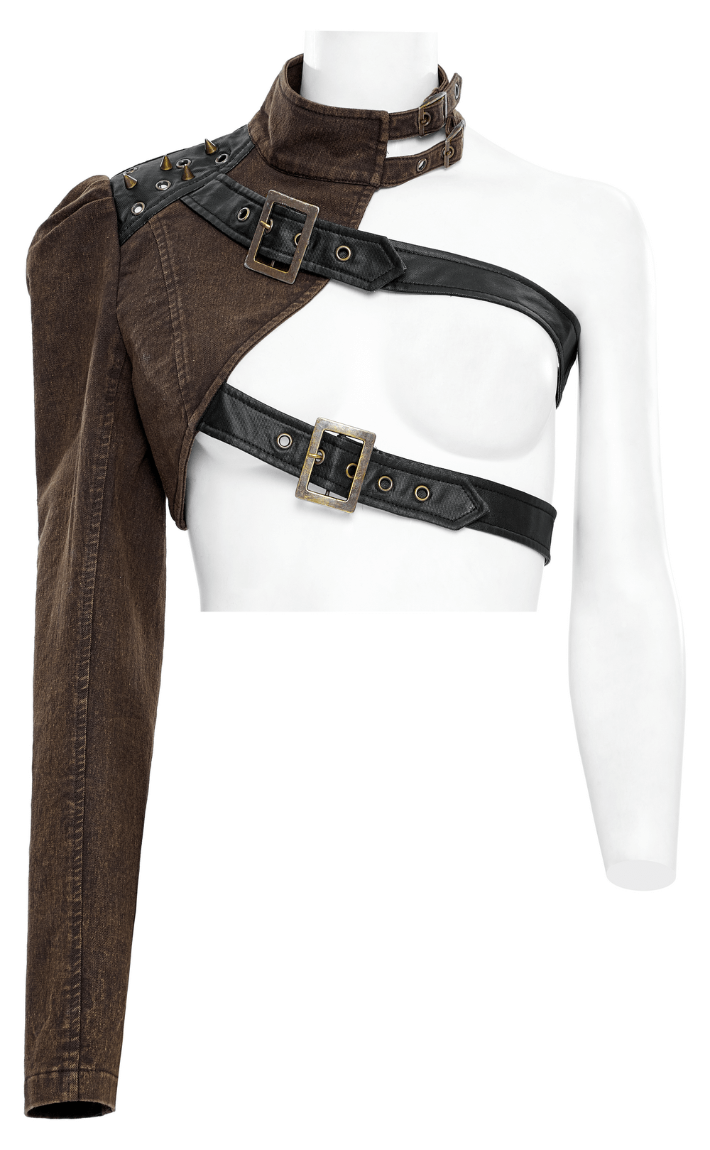 Stylish punk one-arm faux leather jacket with buckles and eyelets, perfect for edgy fashion lovers.