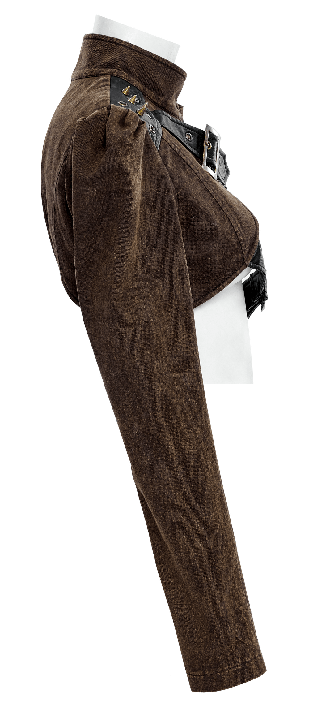 Side view of stylish punk asymmetrical jacket featuring faux leather and unique one-arm design.