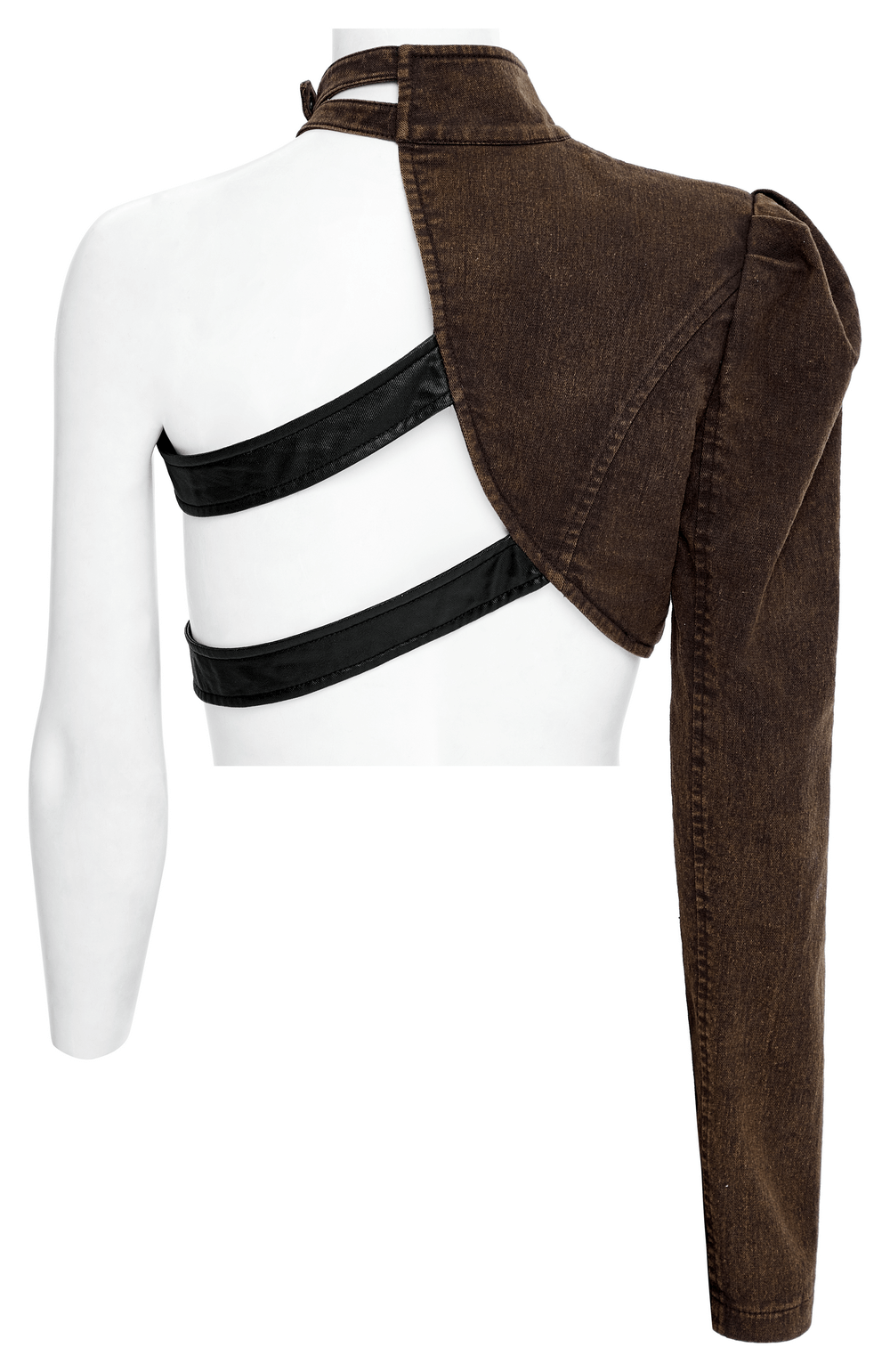 Stylish punk one-arm faux leather jacket with eyelets and decorative body loops.