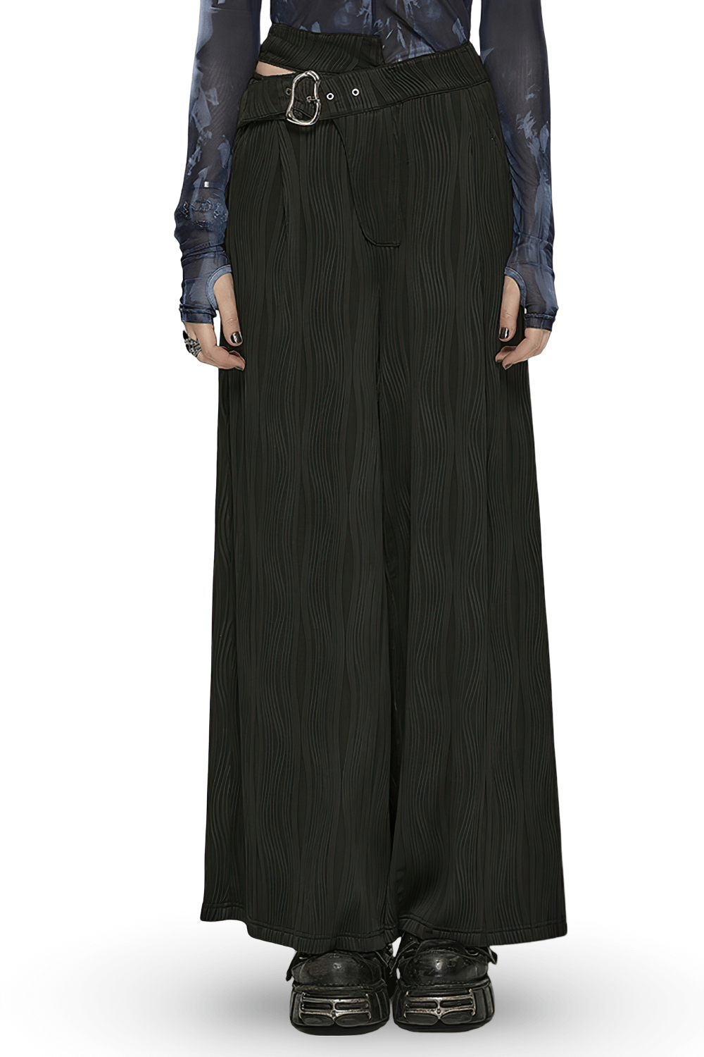 Stylish punk black asymmetrical buckle wide leg pants with unique textured fabric and pockets.