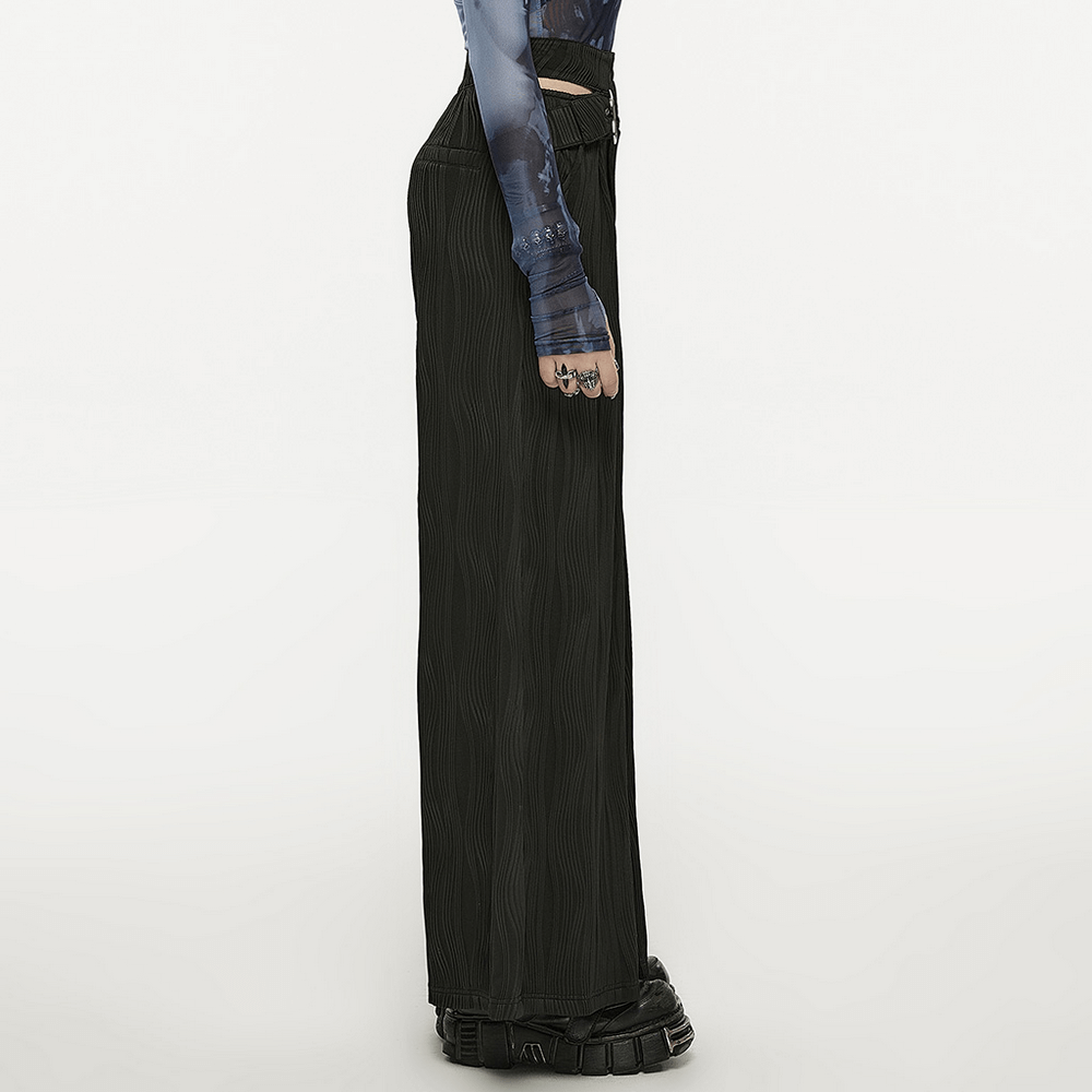 Stylish Punk Black Asymmetrical Buckle Wide Leg Pants in profile view showcasing edgy design and fit.