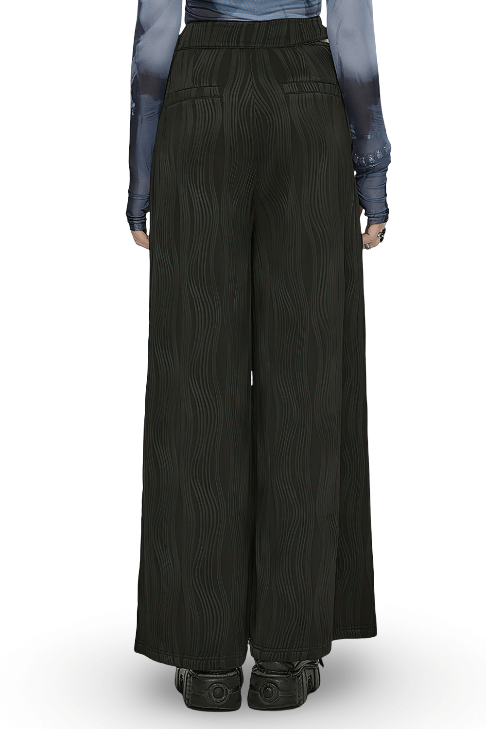 Back view of stylish punk black wide leg pants featuring asymmetrical design and unique pockets.