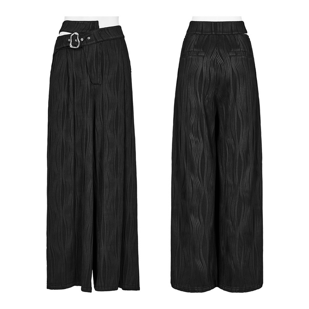 Stylish black asymmetrical wide leg pants with adjustable buckle and unique texture, perfect for edgy outfits.