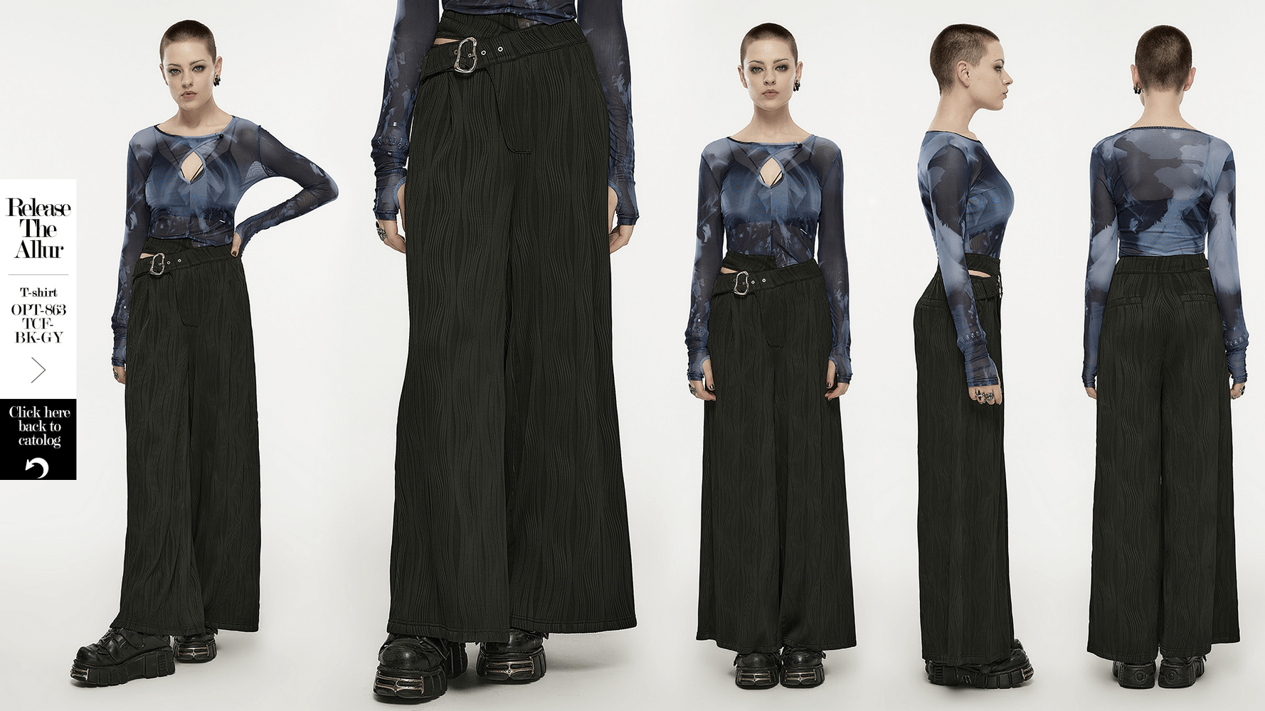 Stylish black asymmetrical buckle wide leg pants showcasing edgy design with pockets and unique waistband.