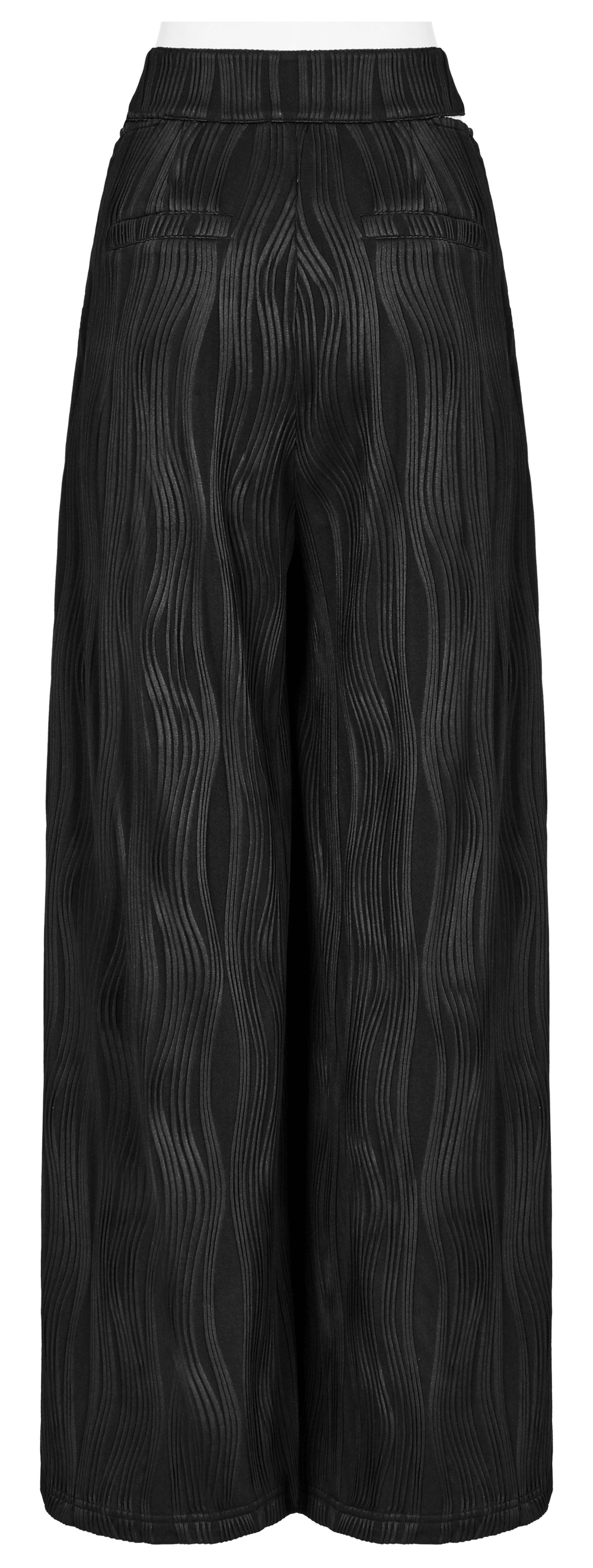Bold black asymmetrical wide leg pants with unique wavy texture and adjustable buckle waistband.
