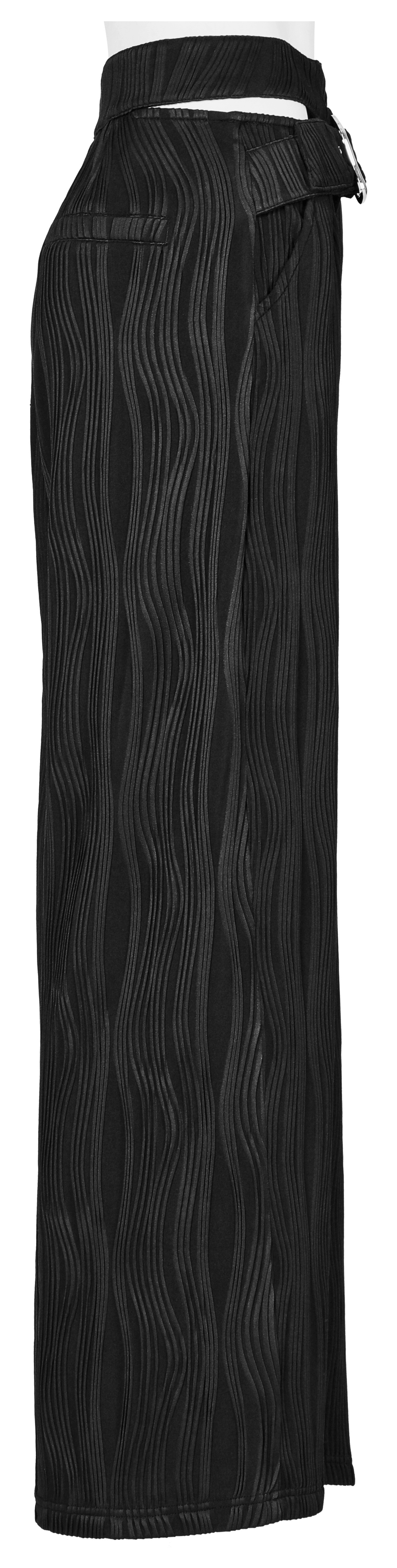 Stylish black wide-leg pants with asymmetrical waistband and buckle, featuring a textured knit design for a bold, edgy look.