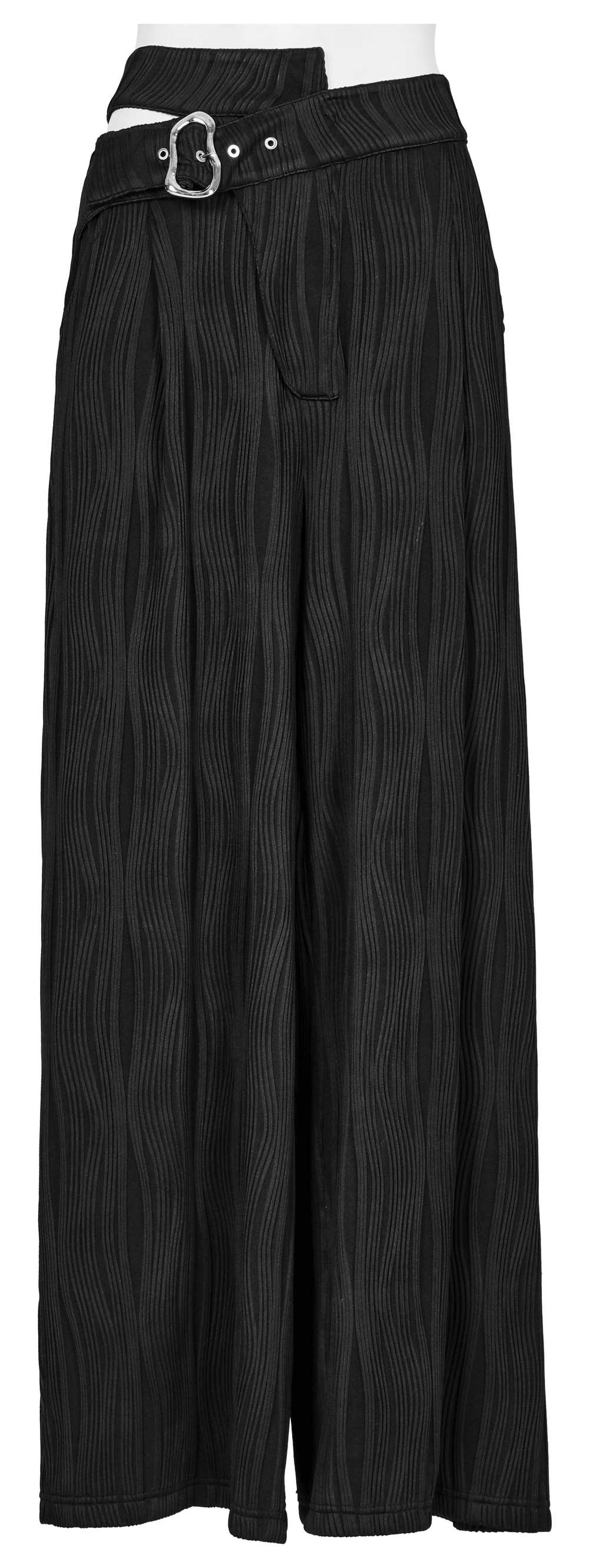 Bold black asymmetrical buckle wide-leg pants with unique waistband and pockets for edgy style.