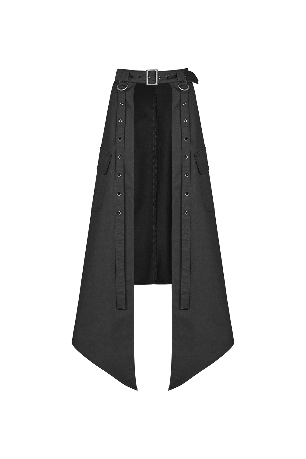 Stylish black asymmetrical cargo mini skirt with adjustable belt and pockets for a punk look.