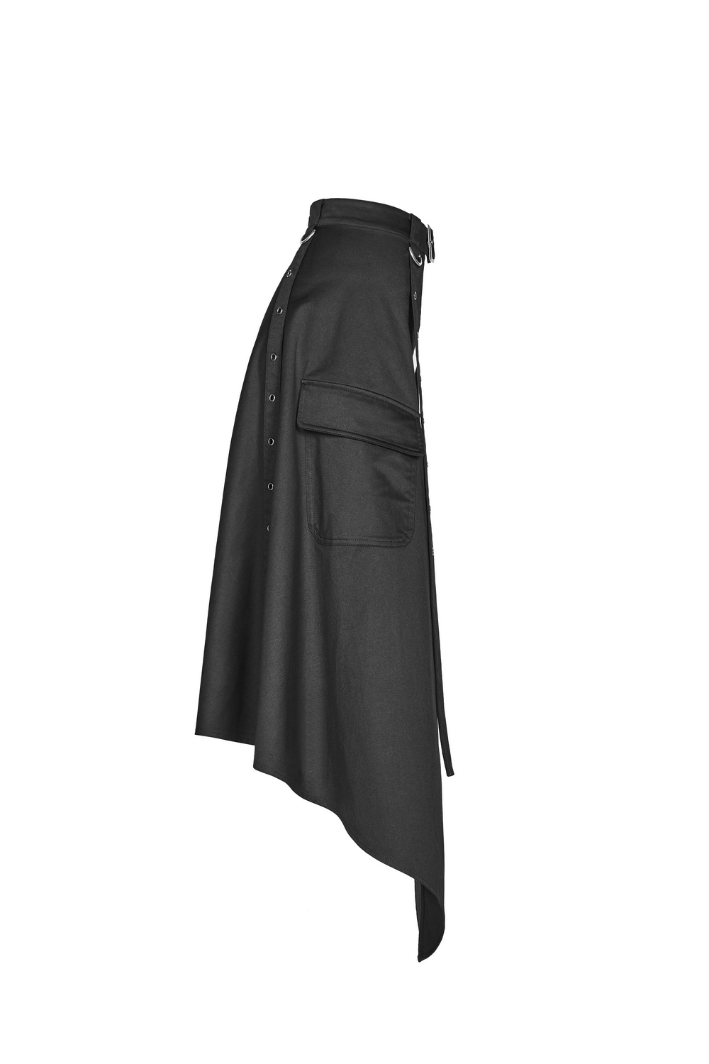 Stylish black asymmetrical cargo mini skirt featuring utility pockets and adjustable belt, perfect for punk-inspired outfits.