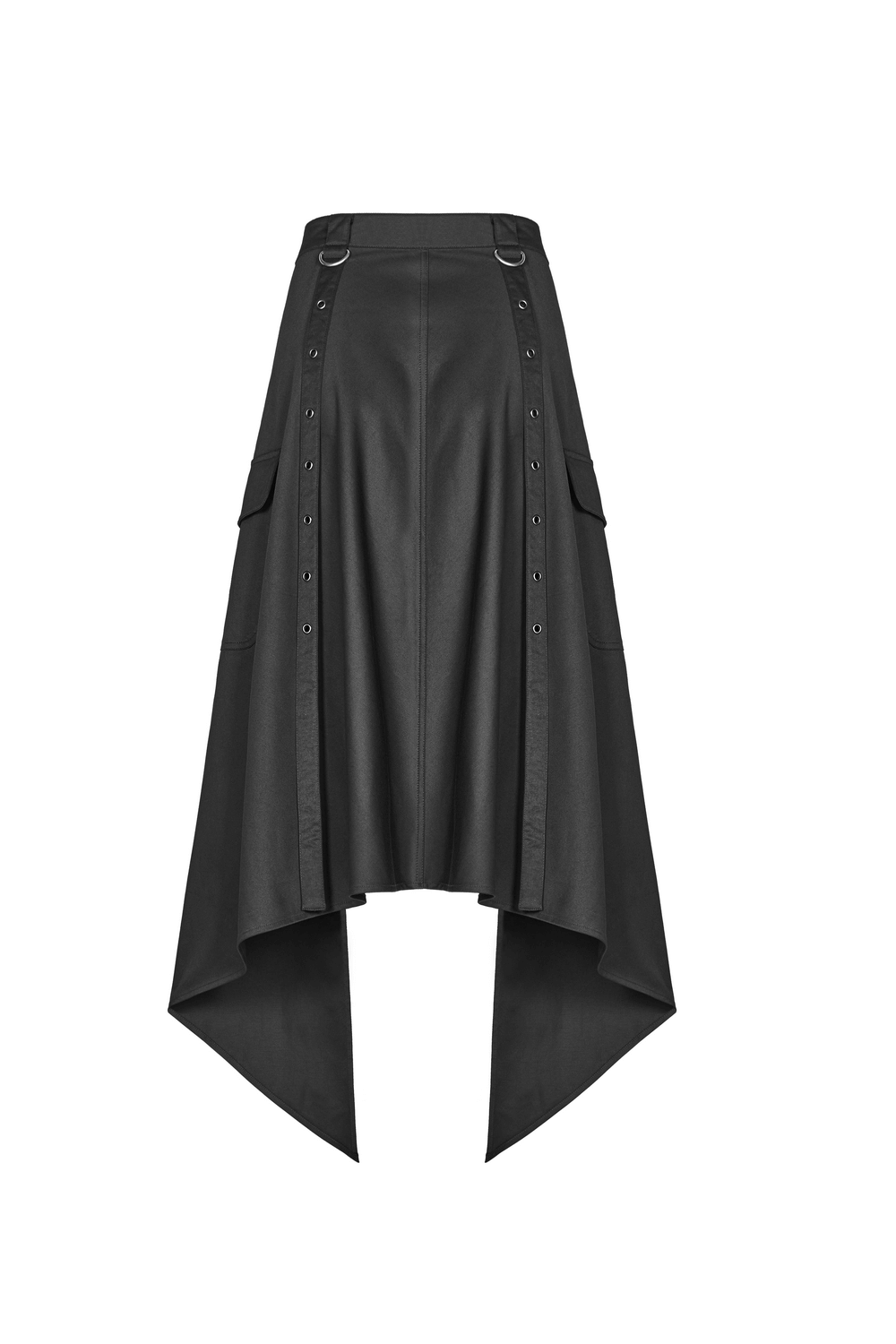 Stylish black asymmetrical cargo mini skirt with adjustable belt and pockets for a punk look.