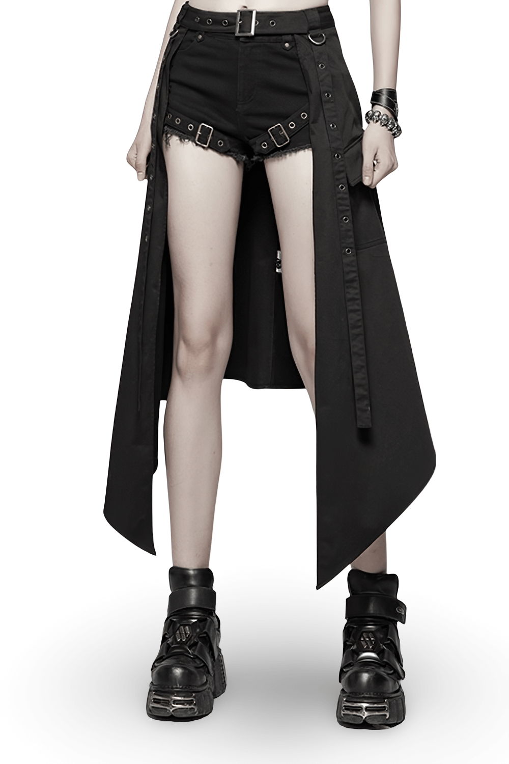 Stylish punk black asymmetrical cargo mini skirt with pockets, belt, and edgy design for a bold look.