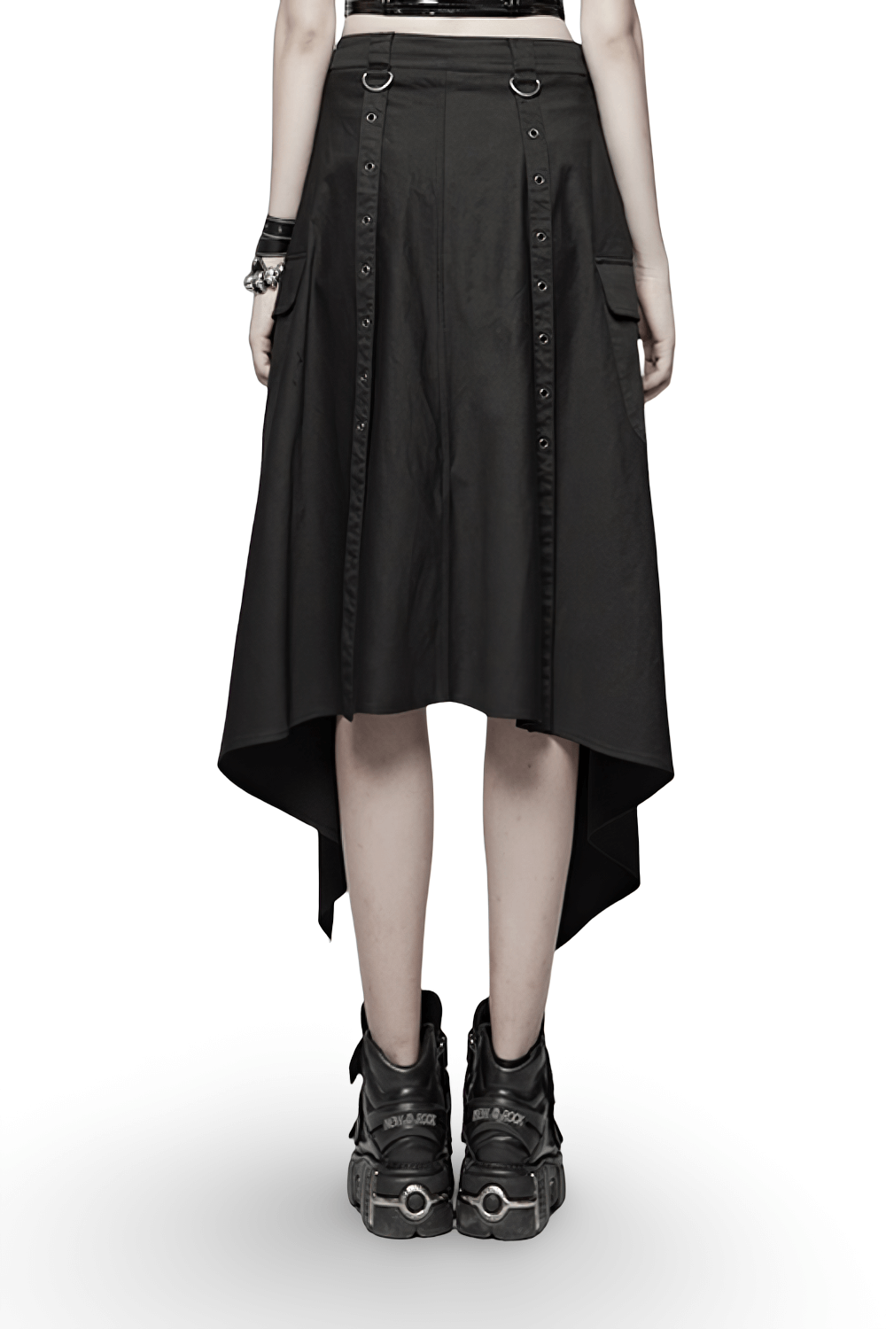 Stylish punk black asymmetrical mini skirt with cargo pockets and adjustable belt, perfect for an edgy, versatile look.