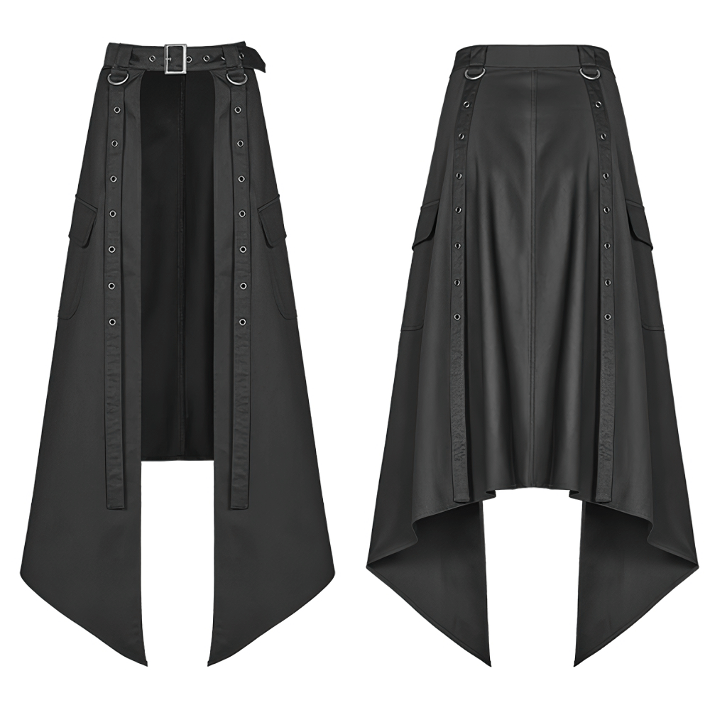 Stylish punk black asymmetrical cargo mini skirt with belt and pockets for an edgy, versatile look.