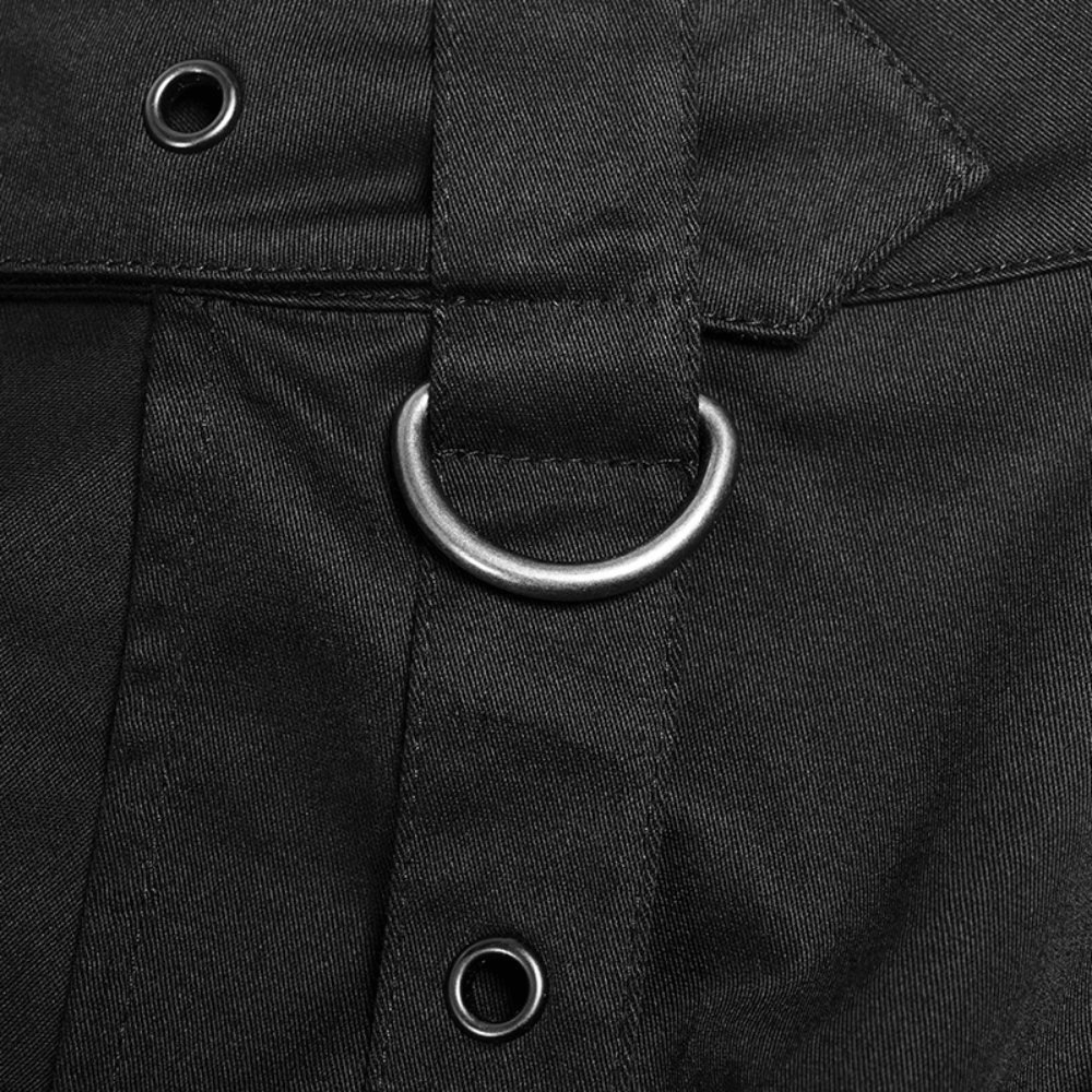 Close-up of the adjustable belt and metal ring detail on a stylish black asymmetrical cargo mini skirt.