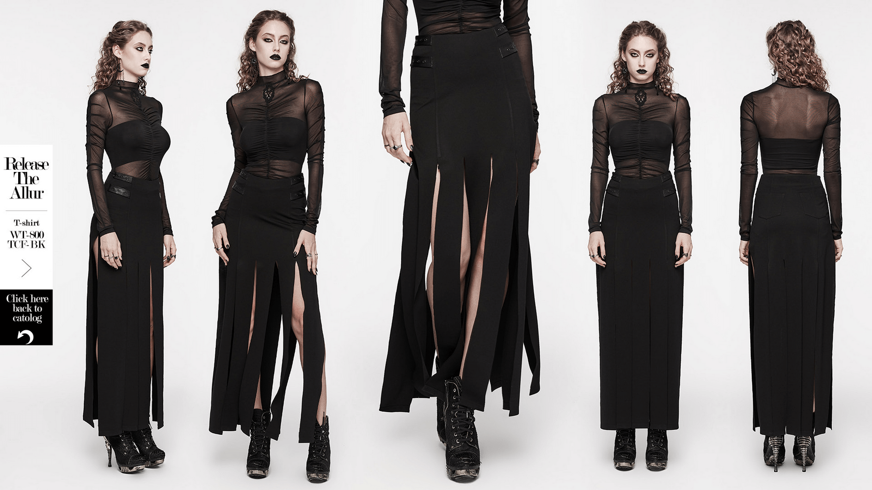 Edgy black long split skirt with fringe and pockets, perfect for a punk-inspired outfit.