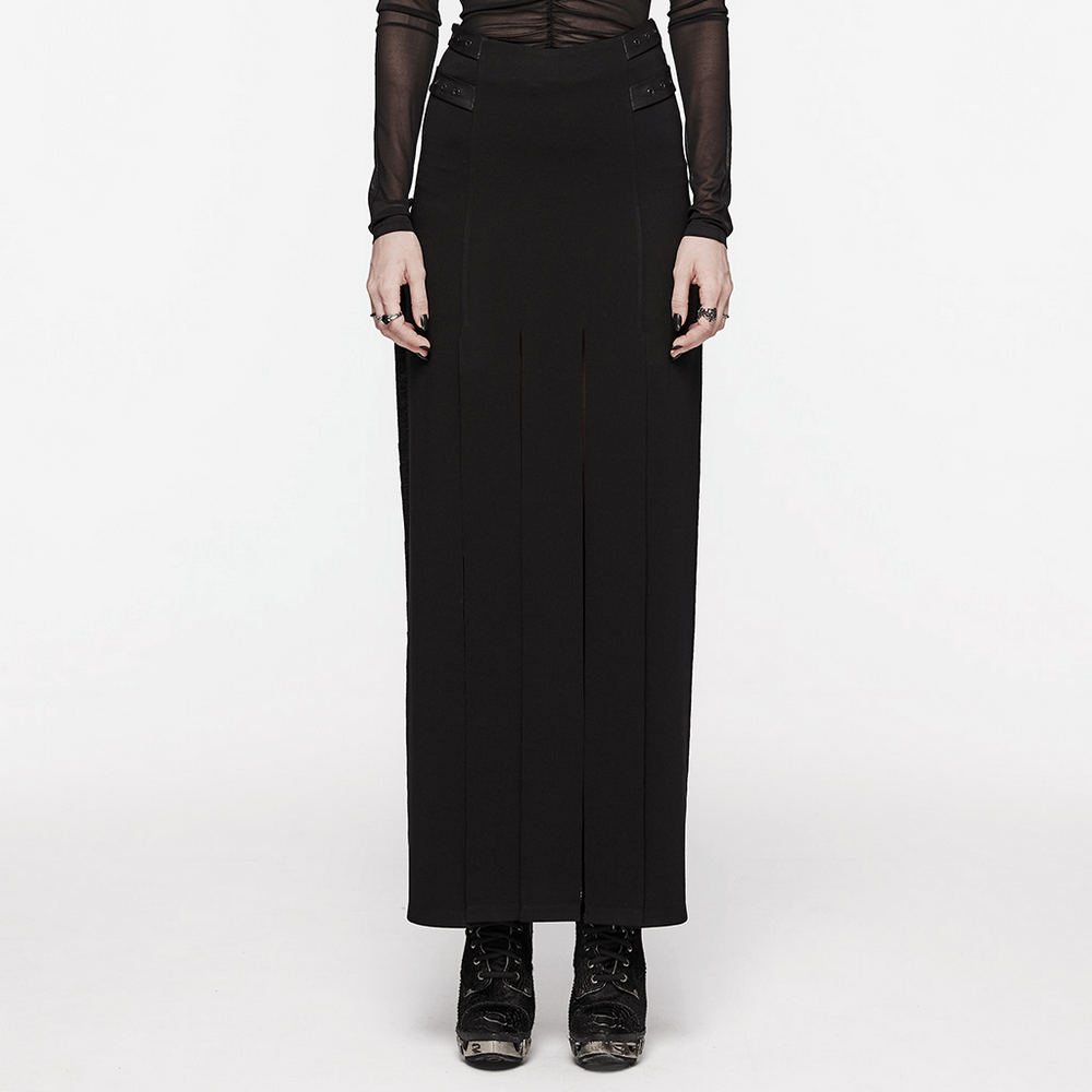 Stylish black long split skirt with fringe detail and pockets, perfect for an edgy punk look.