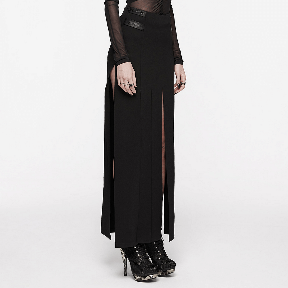 Stylish black long split skirt with fringe and pockets, perfect for a punk-inspired outfit.