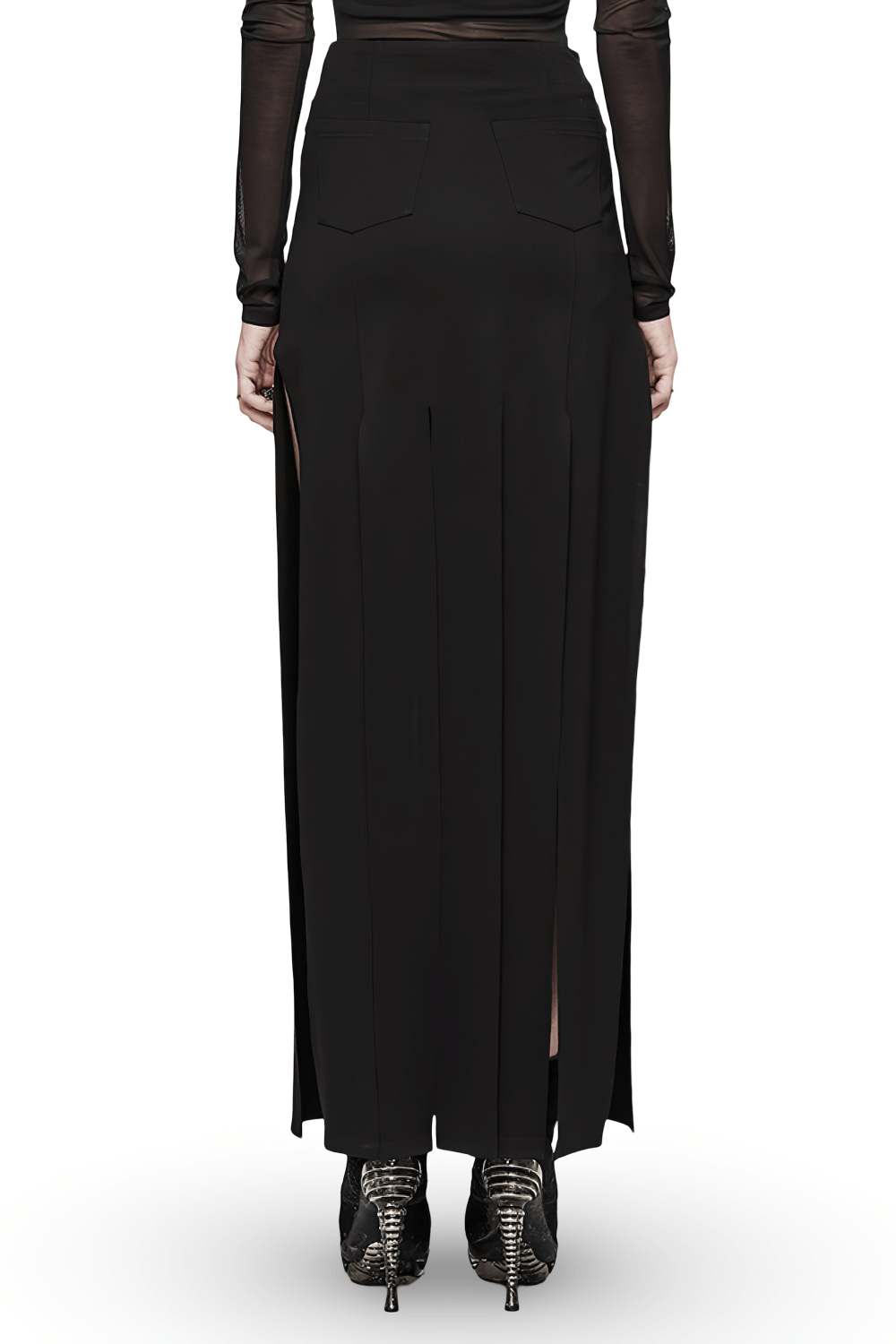 Back view of a stylish black long split skirt with fringe and pockets, perfect for an edgy punk look.