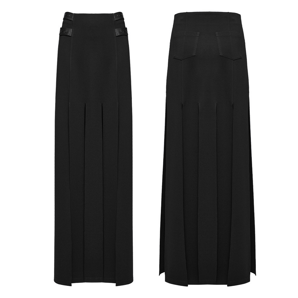 Stylish black long split skirt with fringe and pockets, perfect for a punk-inspired edgy look.