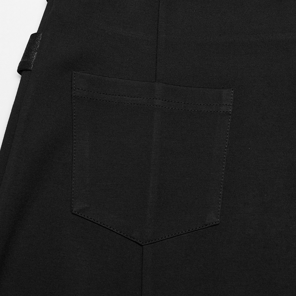 Close-up of a stylish black skirt pocket, showcasing sleek design and functionality for an edgy punk look.