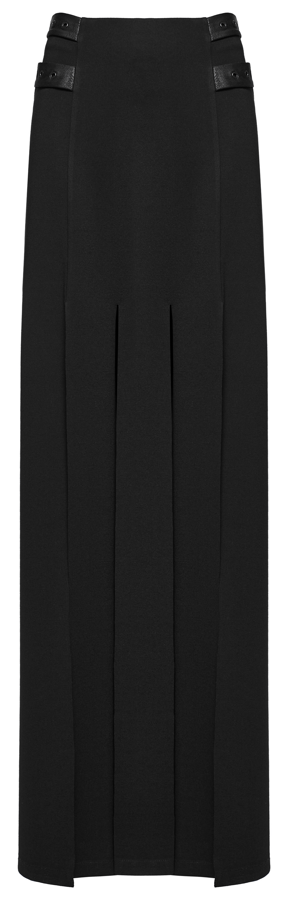 Stylish black long split skirt with fringe and pockets, perfect for an edgy punk look.