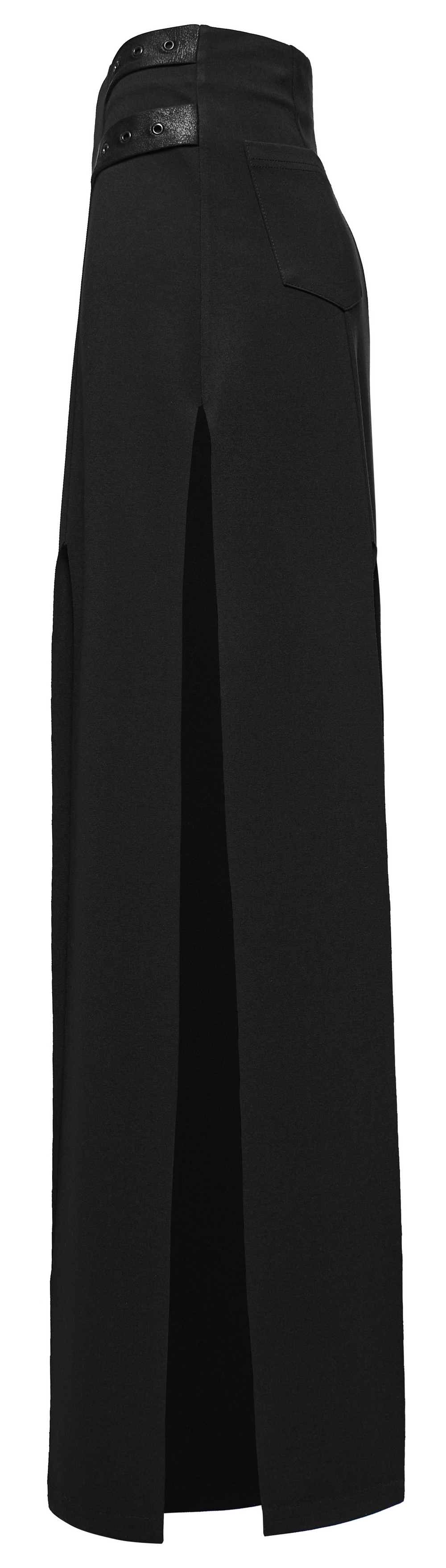 Stylish punk black long split skirt with fringe and pockets, featuring a flattering fit and edgy design.