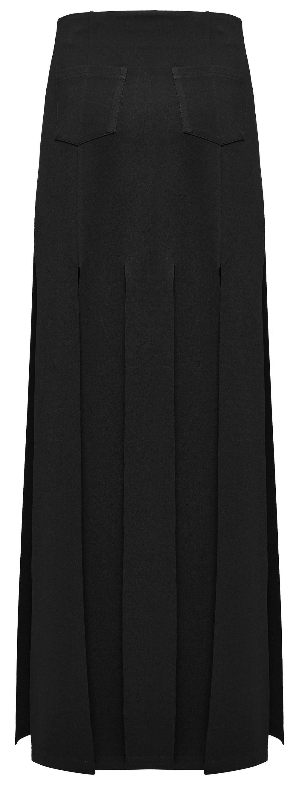 Stylish black long split skirt with fringe detail and pockets, perfect for edgy punk fashion.