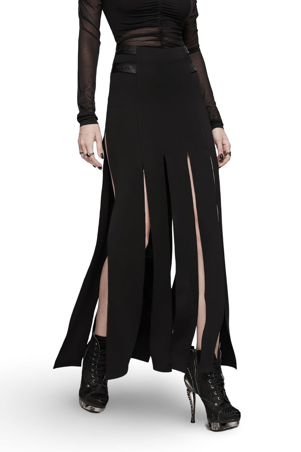 Stylish black long split skirt with fringe, featuring edgy cutouts for a punk look, paired with chic black heels.