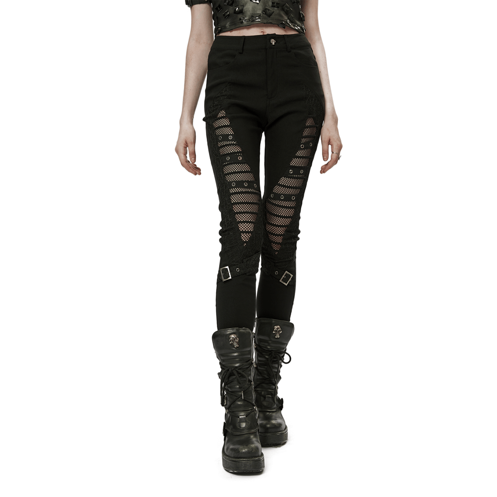 Stylish punk black mesh insert buckle skinny pants with eyelet details, perfect for gothic fashion lovers.