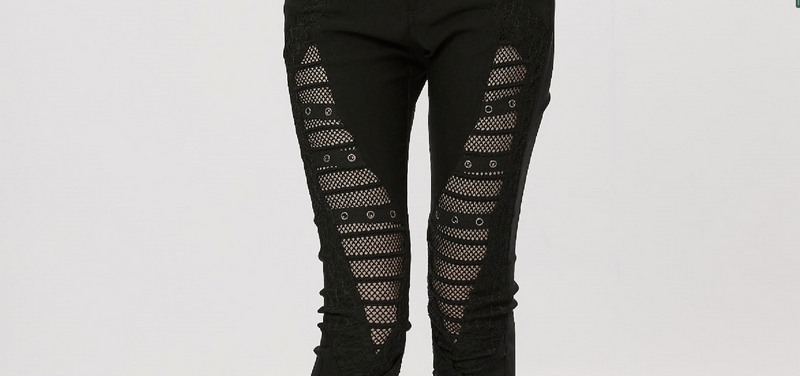 Stylish punk black skinny pants with eyelet mesh inserts for a bold goth look.