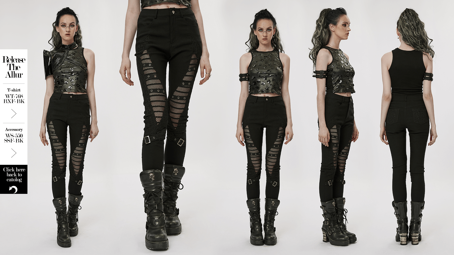 Stylish punk black mesh insert buckle skinny pants with hollow-out details and eyelet webbing, perfect for goth fashion.