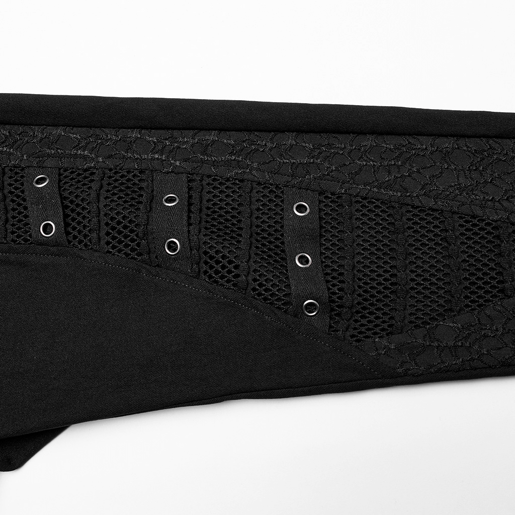Stylish punk black mesh insert skinny pants featuring eyelet webbing and hollow-out details.