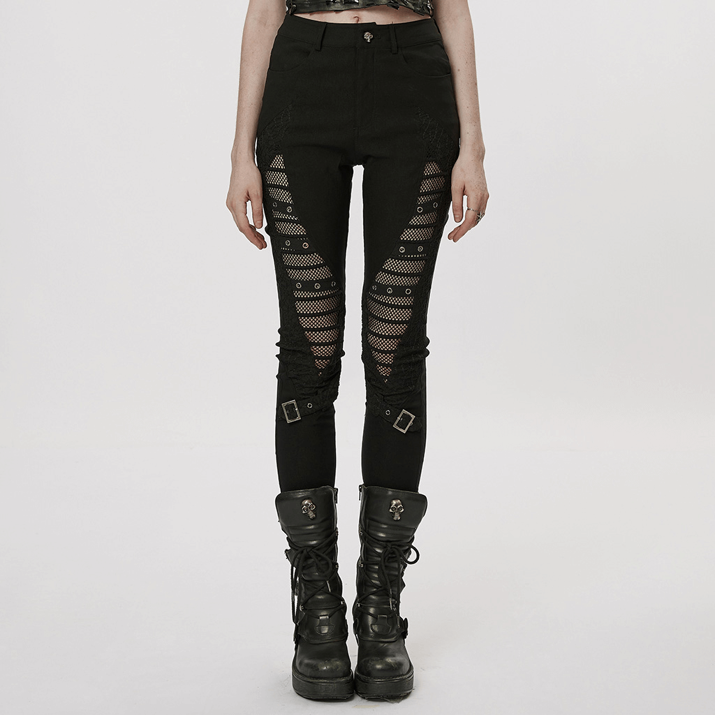 Stylish punk black mesh insert buckle skinny pants featuring hollow-out details and comfortable fit.