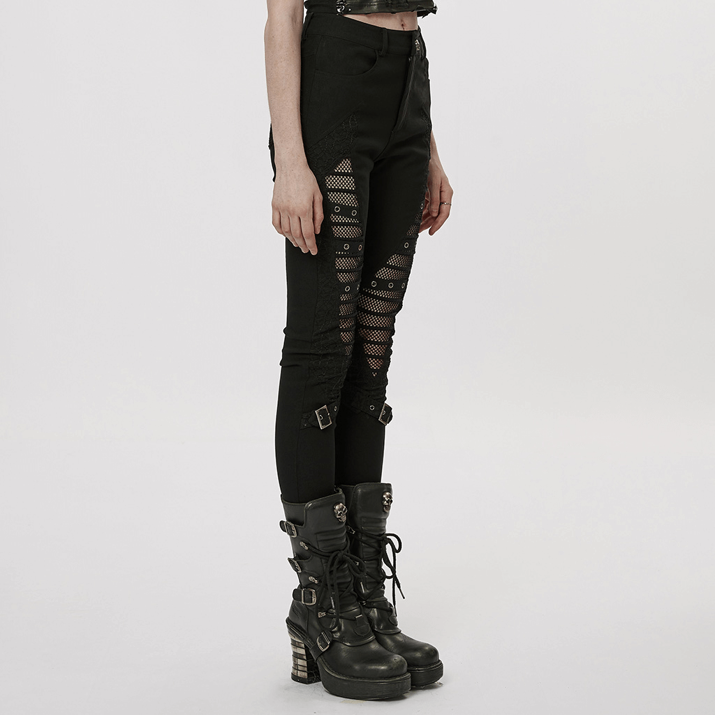 Stylish black mesh insert buckle skinny pants, perfect for punk fashion lovers, featured on a model.