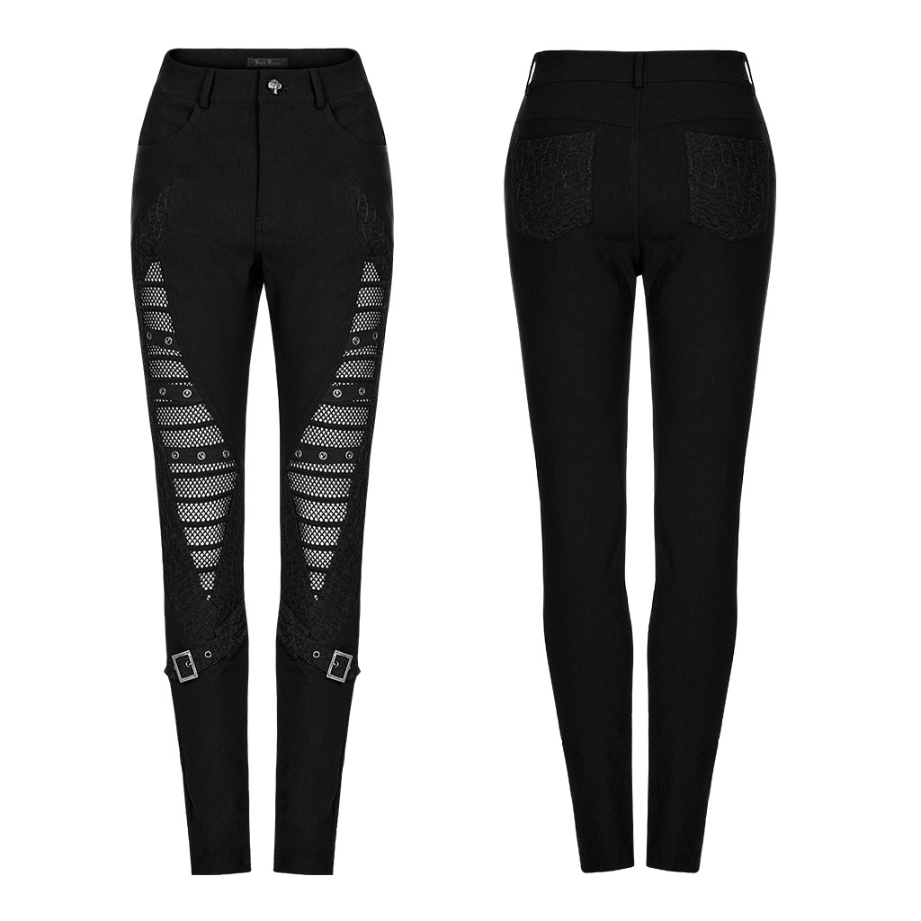 Stylish punk black mesh insert buckle skinny pants with hollow-out detail and eyelet accents.