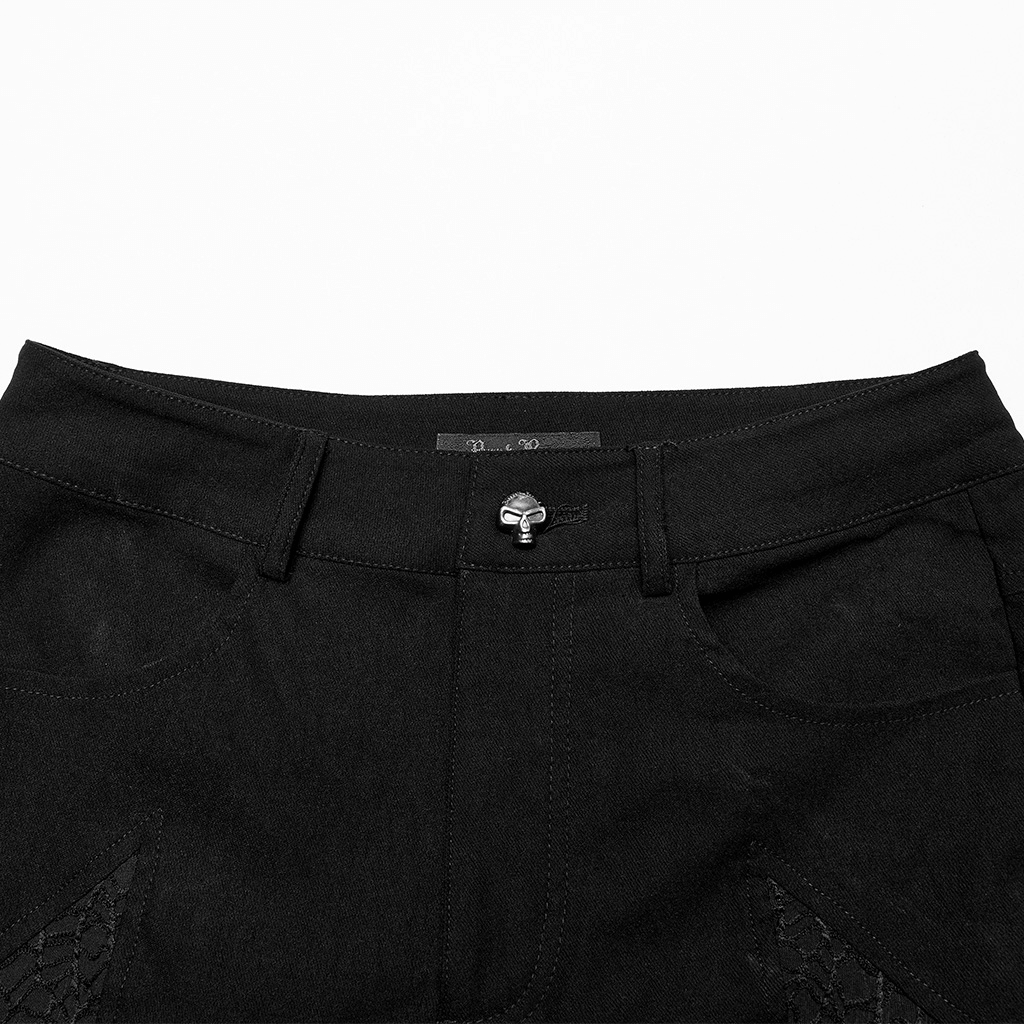 Close-up of stylish punk black mesh insert buckle skinny pants with intricate hollow-out design.
