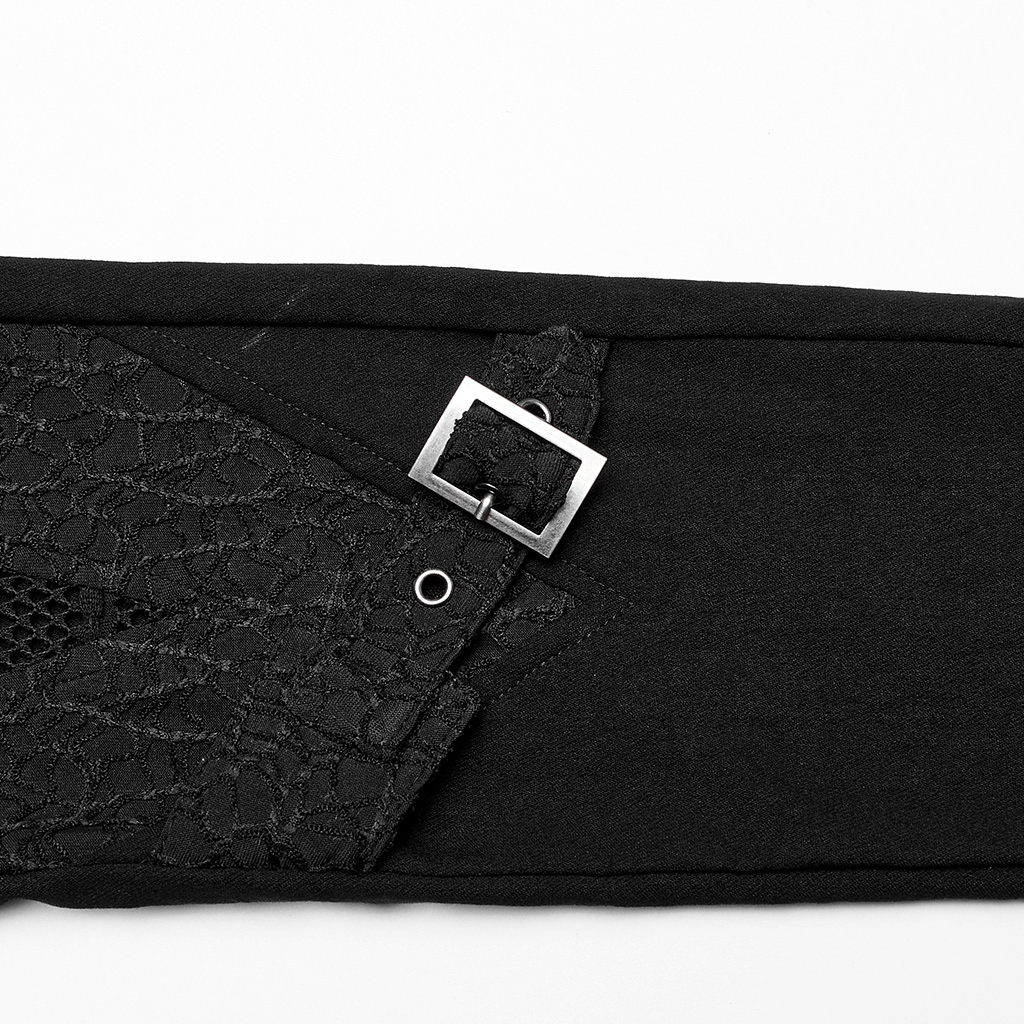 Close-up of stylish punk black mesh insert buckle detail on skinny pants, showcasing goth hollow-out design.