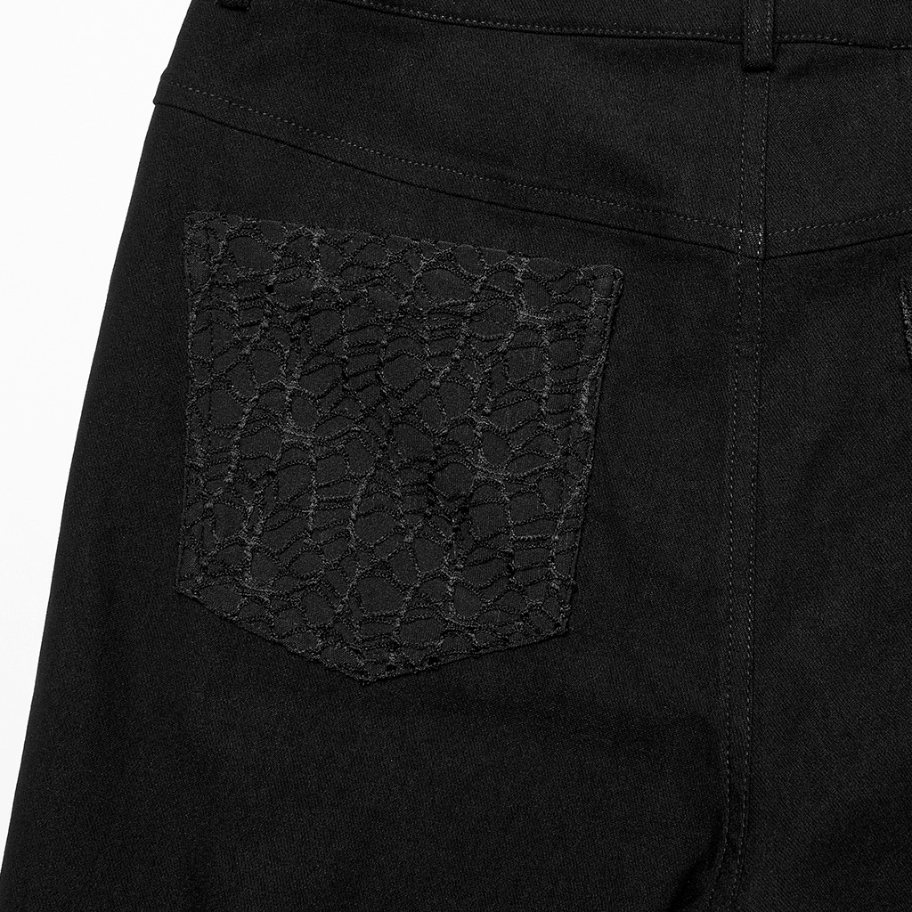 Close-up of black skinny pants featuring intricate lace pocket design for a stylish punk look.