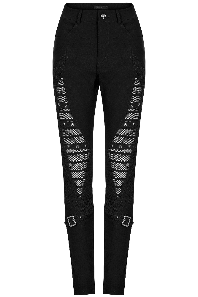 Stylish punk black mesh insert buckle skinny pants with eyelet details and hollow-out design for edgy fashion lovers.
