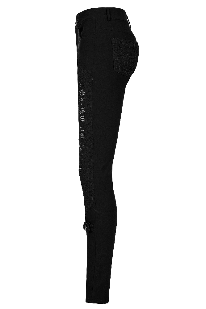 Stylish black mesh insert buckle skinny pants with punk eyelet detailing and a snug fit.