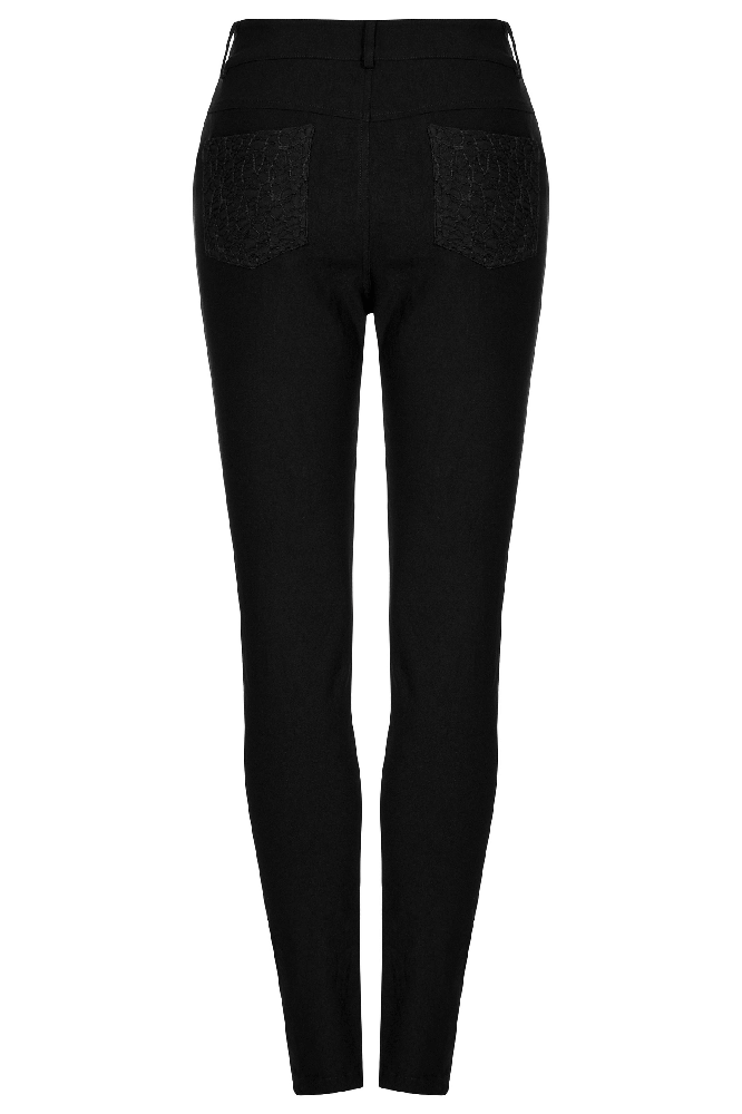 Stylish punk black skinny pants with mesh insert and hollow-out details, perfect for a modern gothic look.