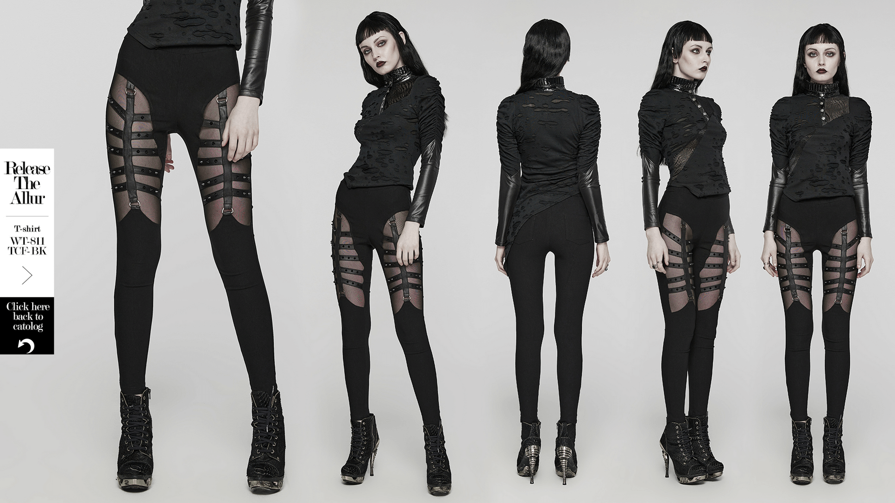 Stylish punk black mesh panel leggings with spiral studs, perfect for edgy outfits and festivals.