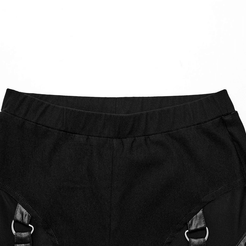 Top view of stylish black leggings with elastic waistband and punk rock design features.