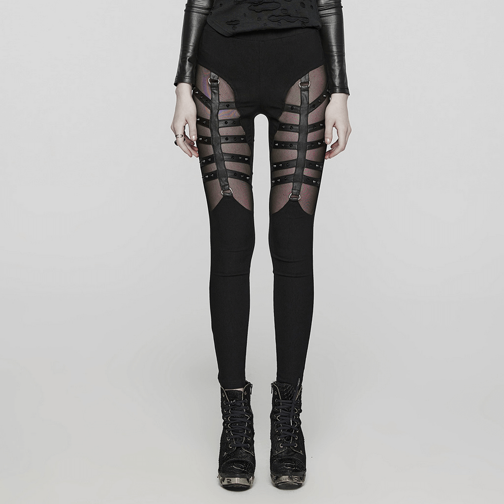 Stylish punk black mesh panel studded leggings showcasing a unique hollow-out design and edgy spiral studs.