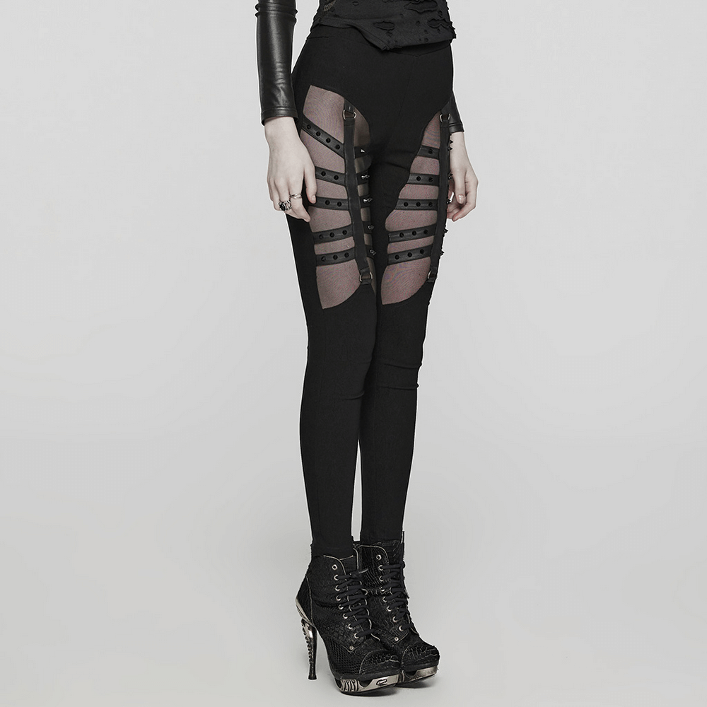 Stylish punk black mesh panel studded leggings showcasing edgy design and vibrant split perspective.